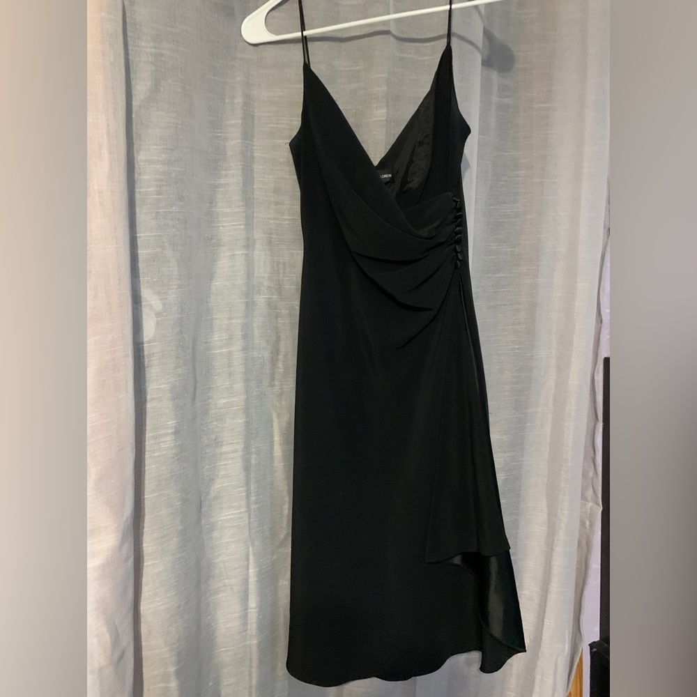 Size 6, Black dress with straps and front-side button details.